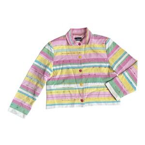 Ana's Fashion Womens LG Boho Color Block Stripe Pink Grandmacore Blazer Jacket